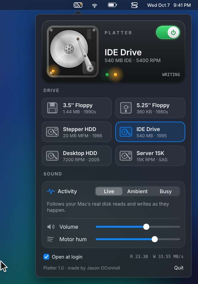 The Platter panel open under its menu bar icon, with the IDE drive selected and the write light on.